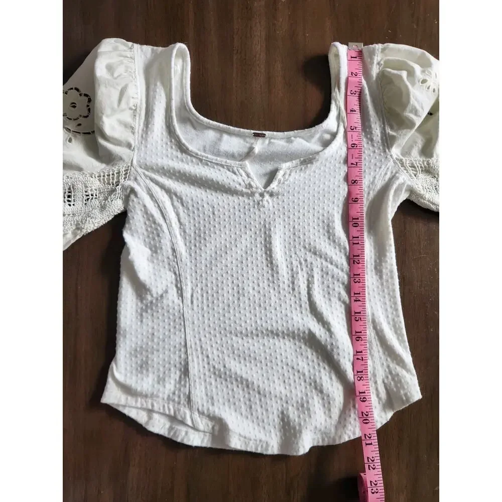 Free People Brunch Date Split Neck 3/4 Puffed Lace Sleeve Top Size Medium